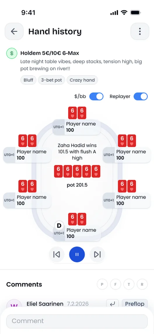 A shared hand history with the replayer and comments