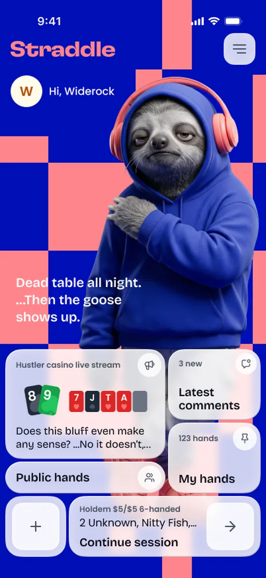 Straddle home screen: the hand feed and session shortcut