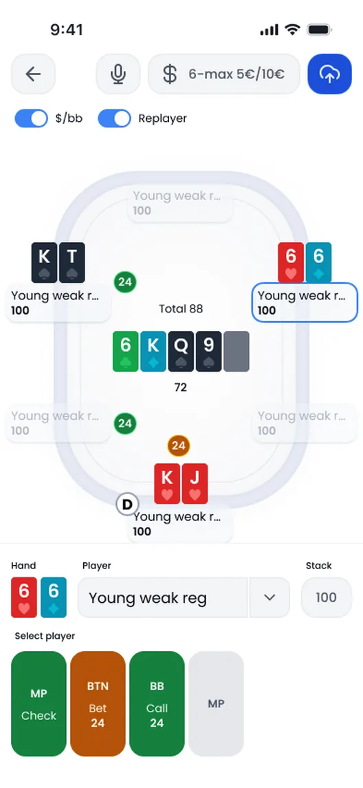 Entering a hand: the table, the pot and the player selector